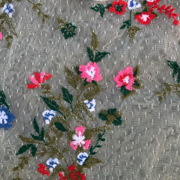 Urban Outfitters Cream Sheer Mesh Short Sleeve Embroidered Floral Crop Top Sz L - Picture 3 of 4